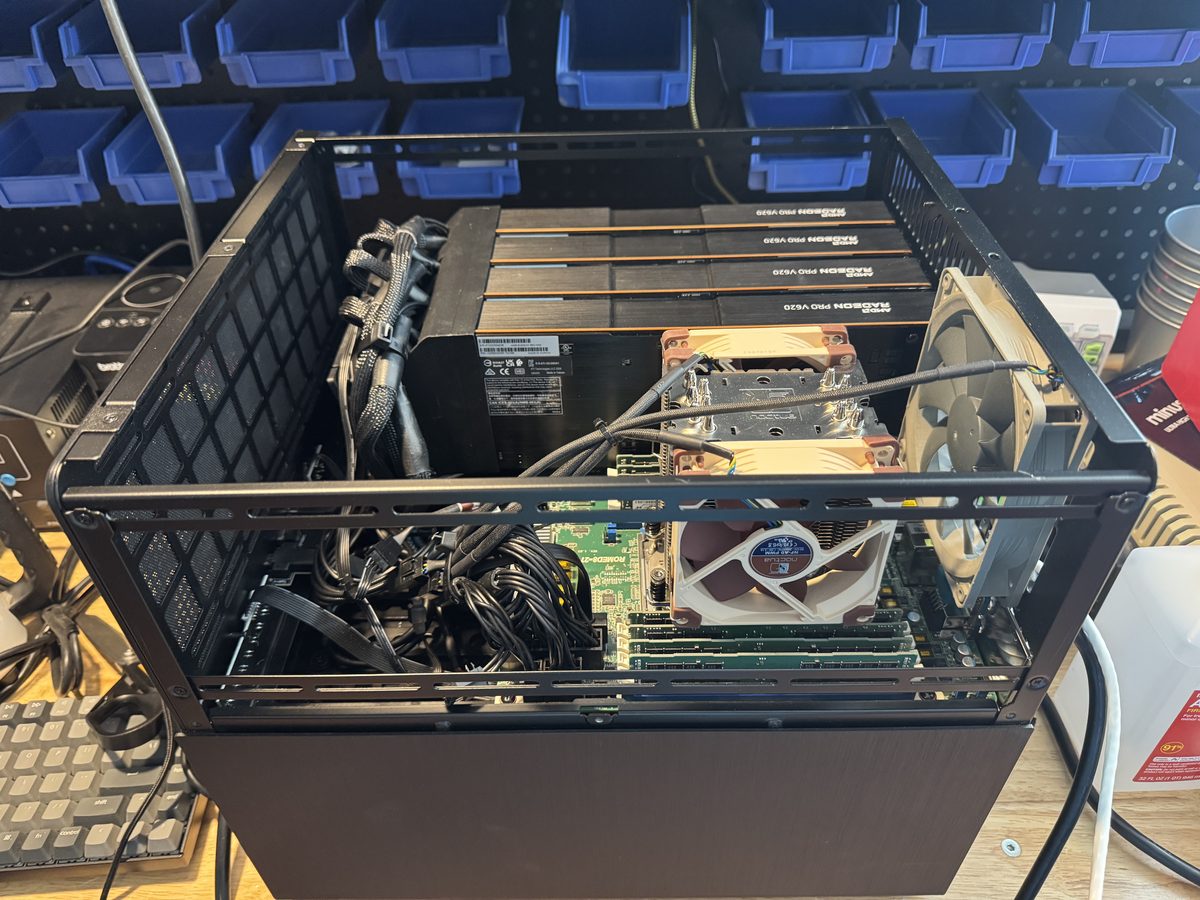 LLM inference server build showing four AMD Radeon Pro V620 GPUs and EPYC 7713 in a Jonsbo N5 chassis